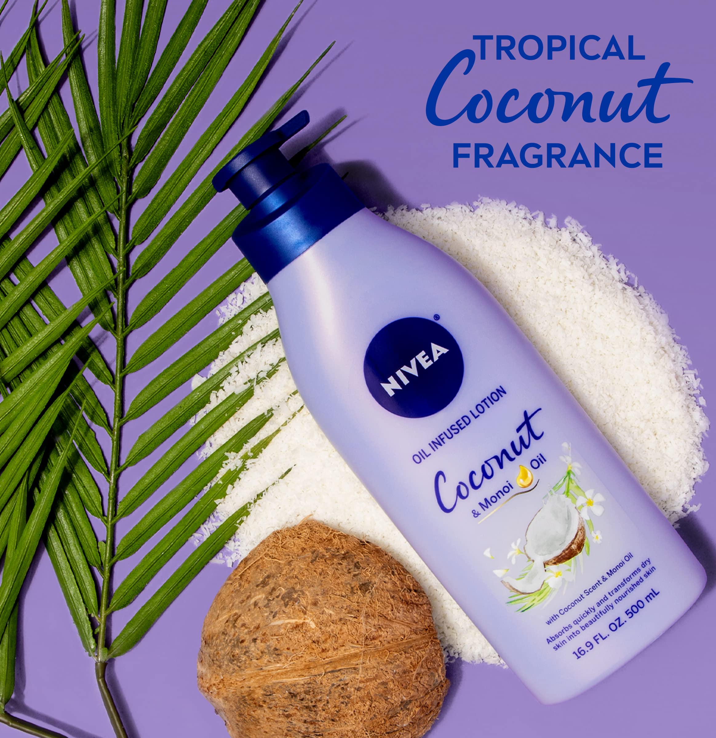 NIVEA Oil Infused Coconut and Monoi Oil Body Lotion, Non-Greasy Coconut Scented Lotion Moisturizes for 24+ Hours, 16.9 Fl Oz Pump Bottle